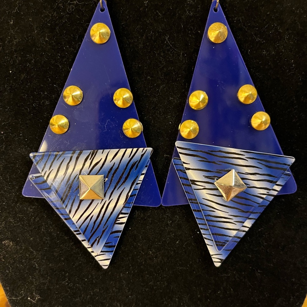 Modernistic abstract blue dangle earrings with silver and gold accents by Nena